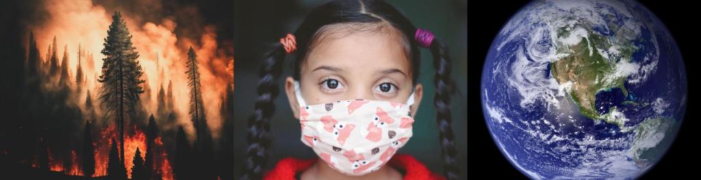 Large image with a forest fire, a girl in a mask, and Earth from space